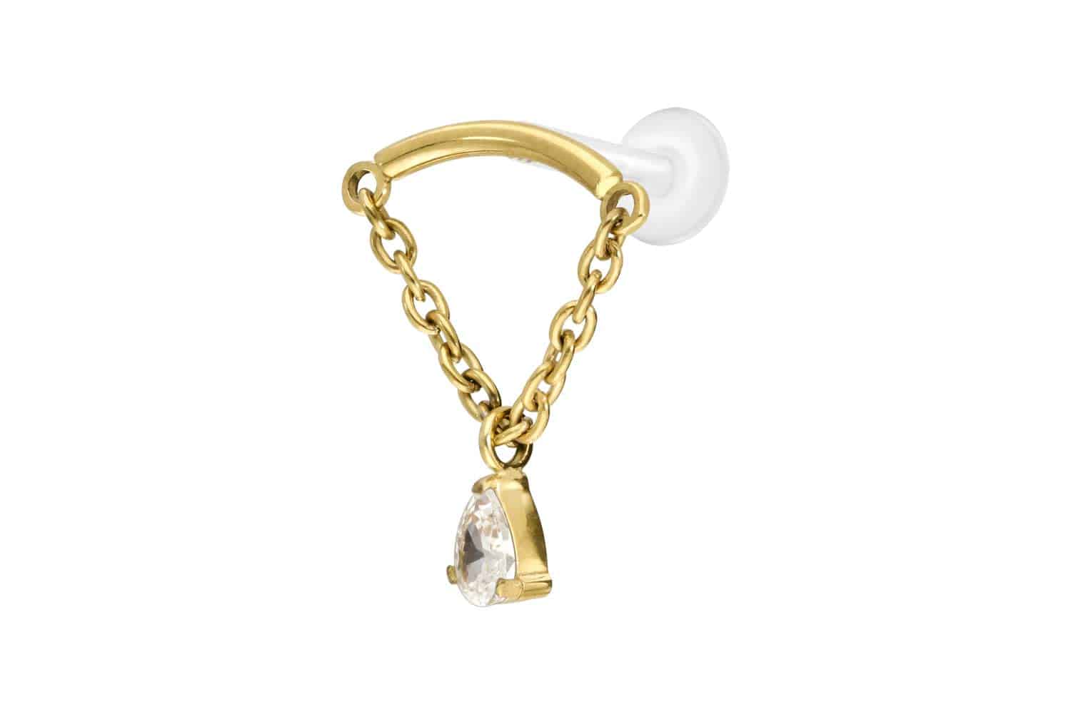 PTFE Labret Piercing mit Innengewinde + Titan-Aufsatz BOGEN + KETTE + KRISTALLTROPFEN